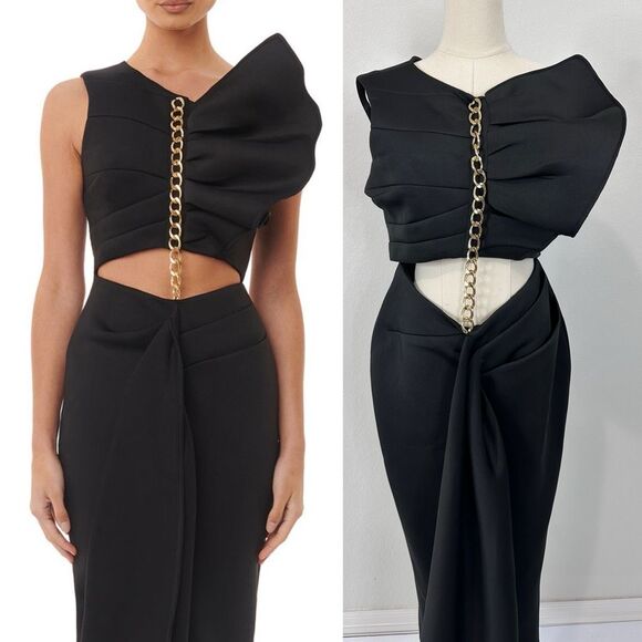 Eliya The Label Valorie Dress Black One Shoulder Chain Detail Aus L/ US M Glam - Picture 2 of 11